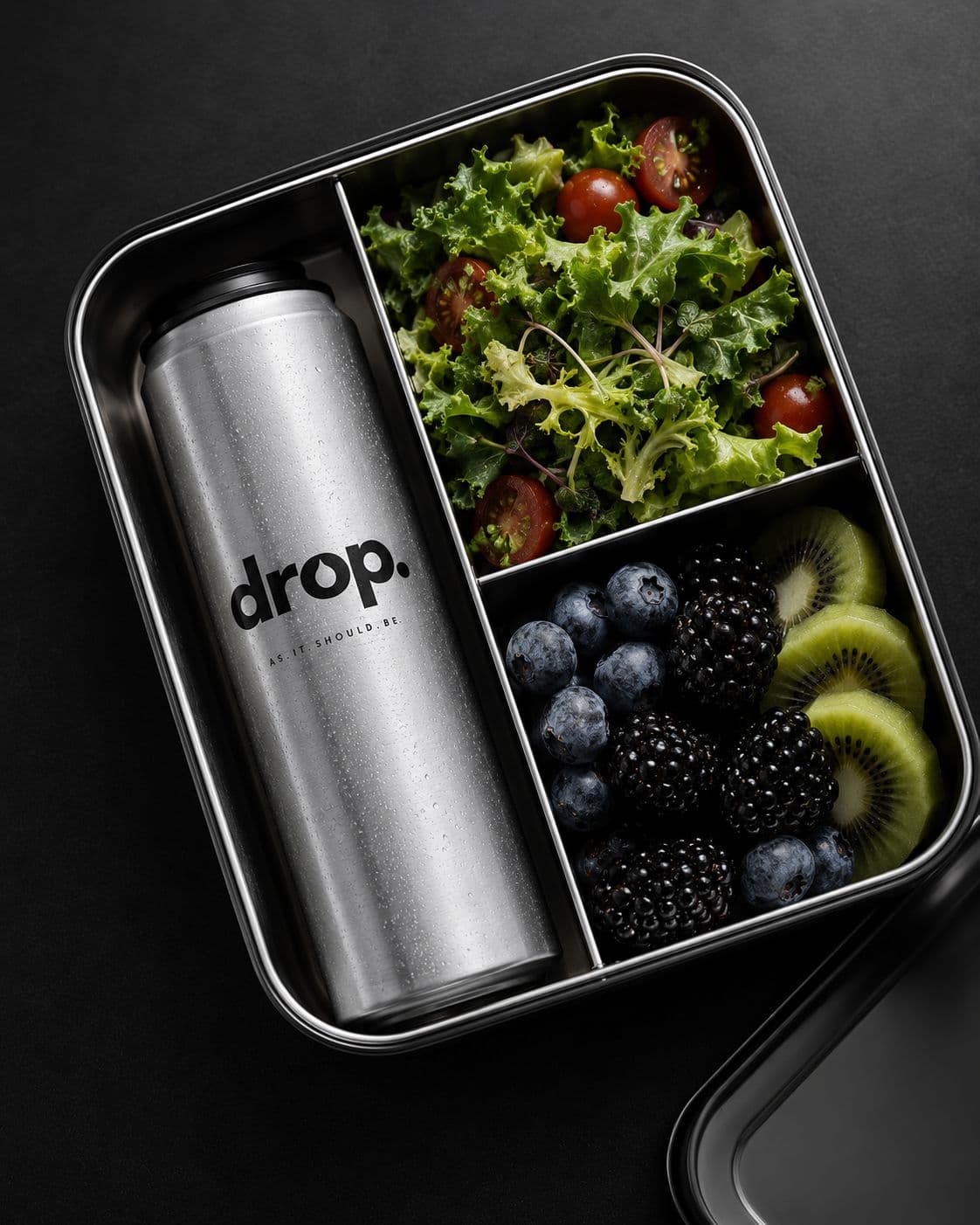 Infinitely recyclable aluminium water cans on display at a café